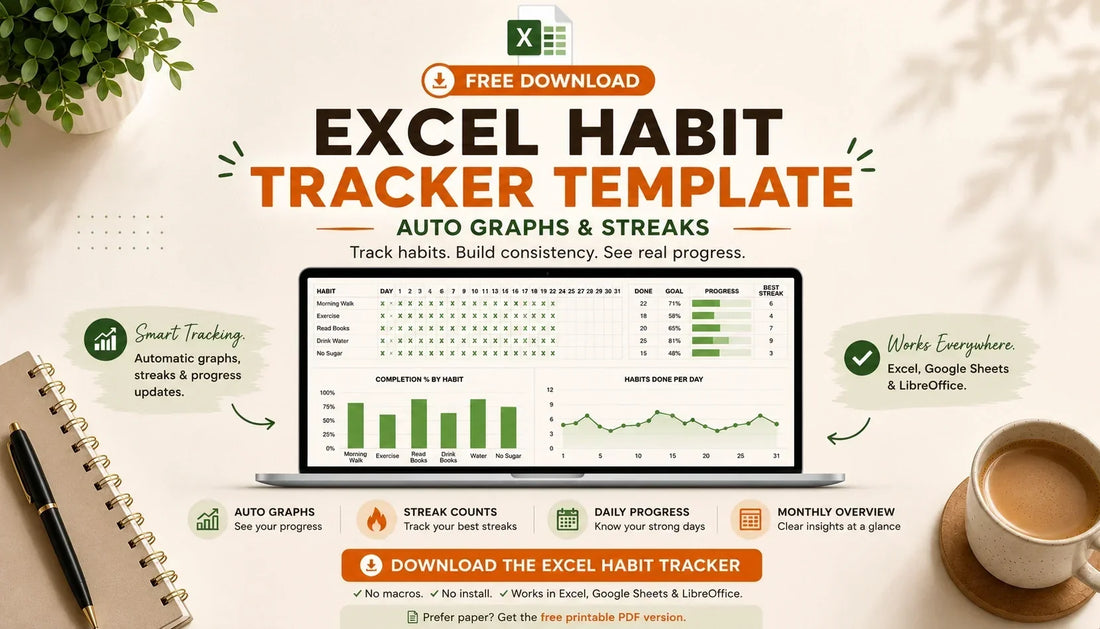 Free Excel Habit Tracker Template (Auto Graphs & Streaks)