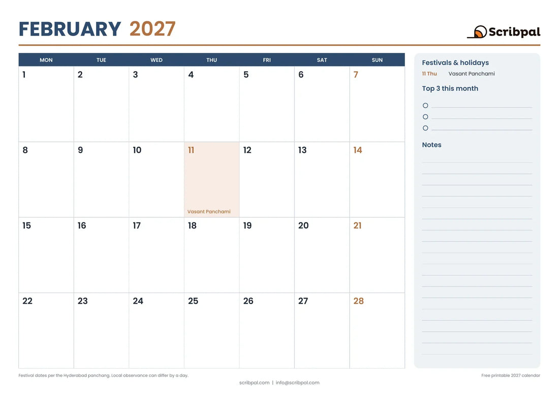 Printable February 2027 calendar with Vasant Panchami marked