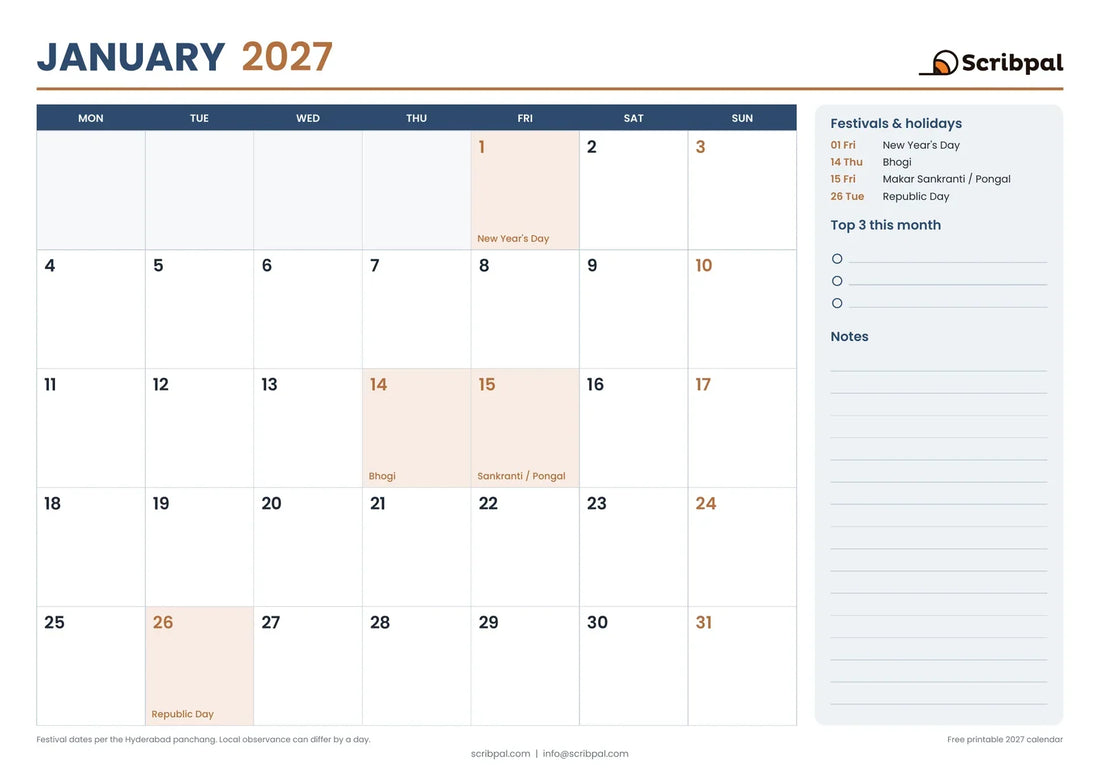 Printable January 2027 calendar with festivals and holidays marked