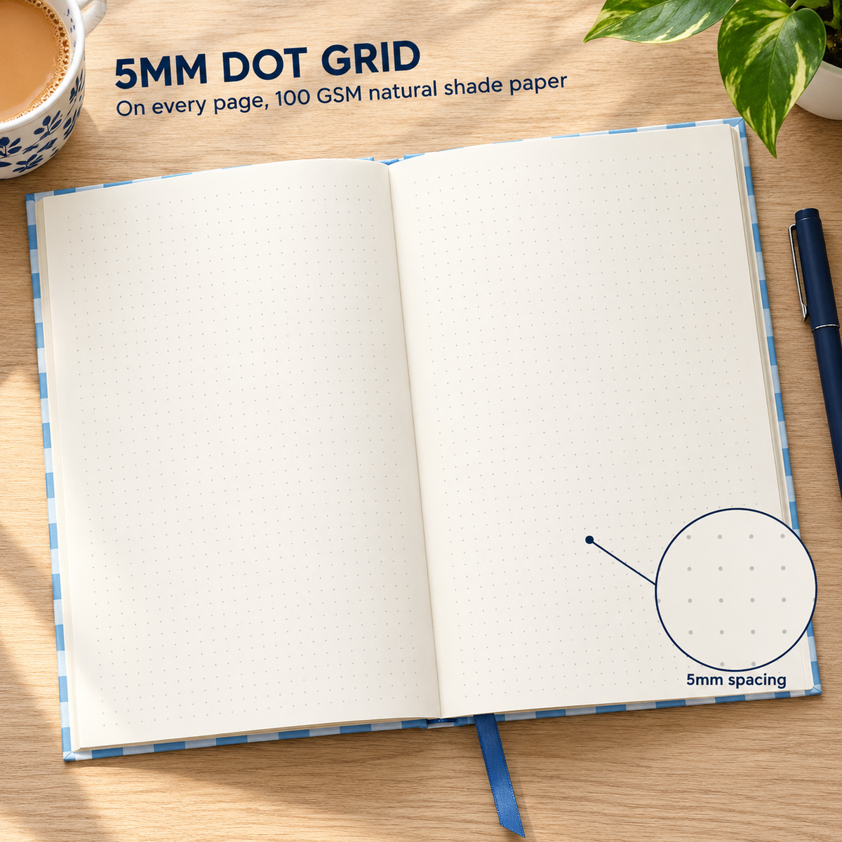 Dot grid journal flat lay showing 5 mm dot pages