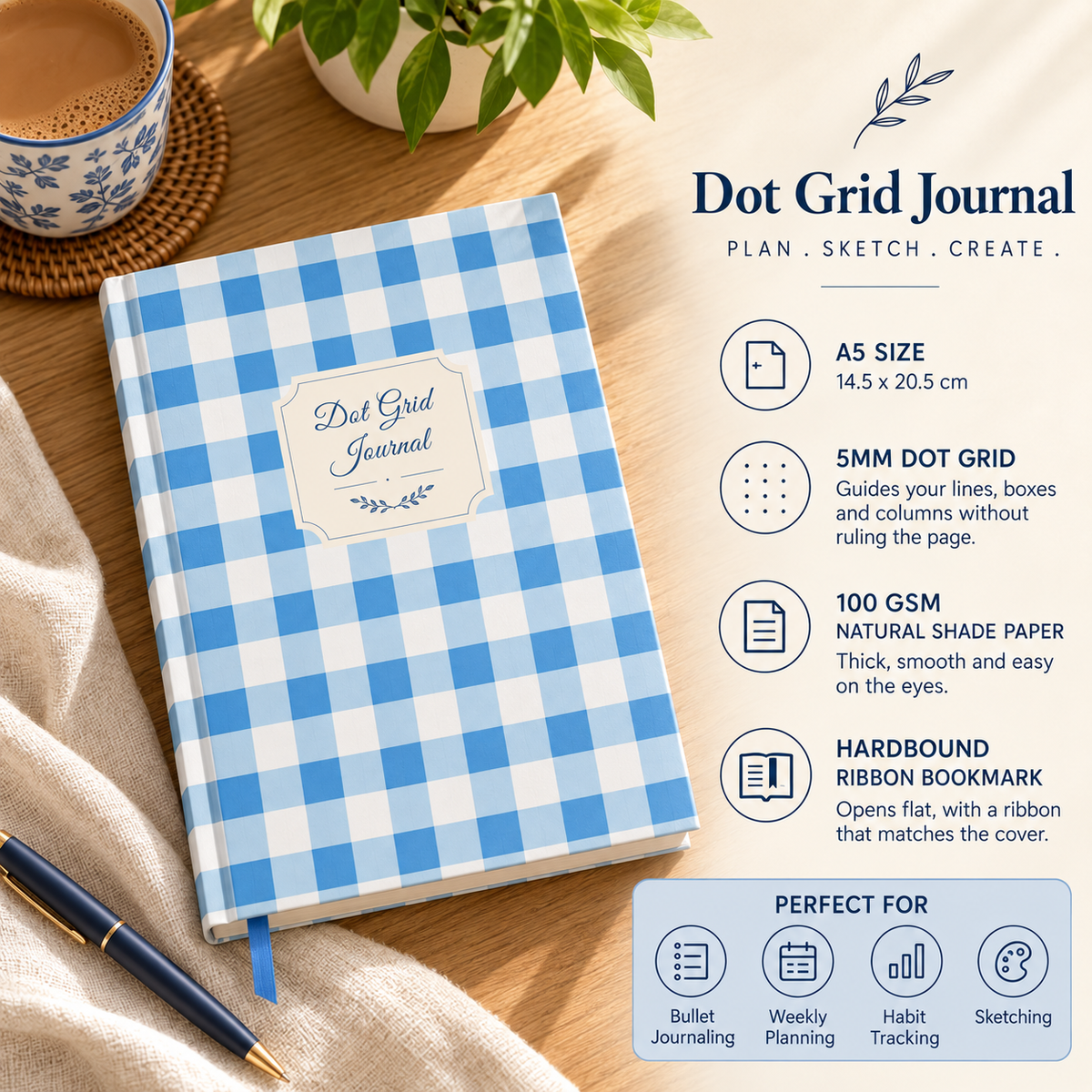 Blue Gingham dot grid journal on display