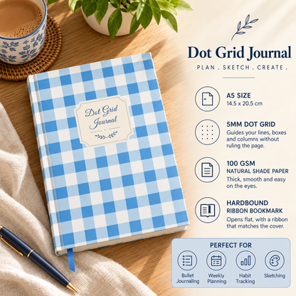 Blue Gingham dot grid journal on display