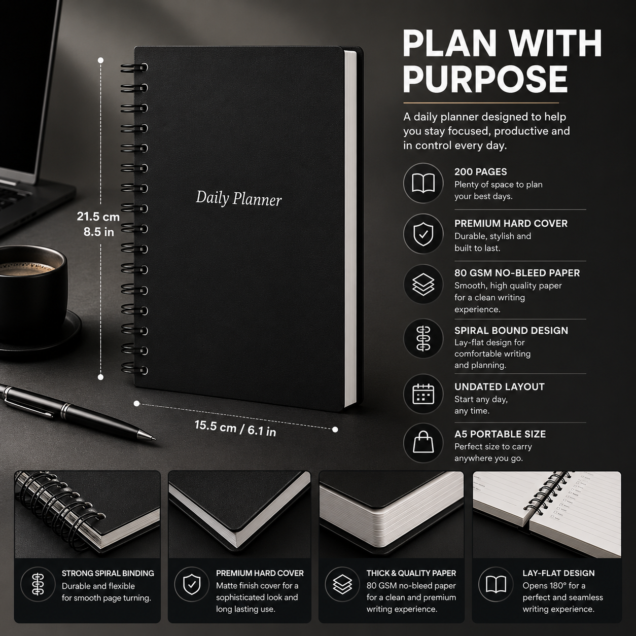 Daily Planner Undated - Power Black Edition