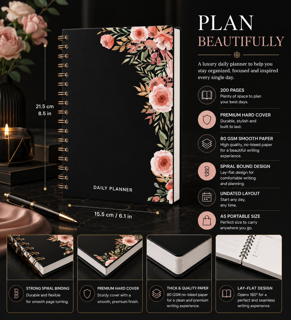 Daily Planner Undated - Midnight Bloom Edition