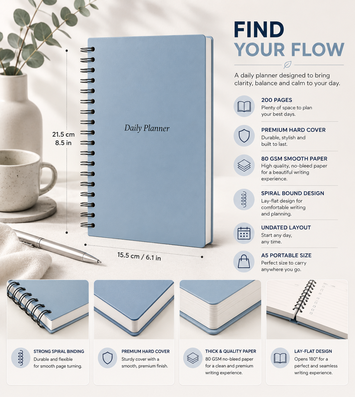 Daily Planner Undated - Serenity Blue Edition