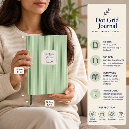 Sage Stripe dot grid journal held by a person
