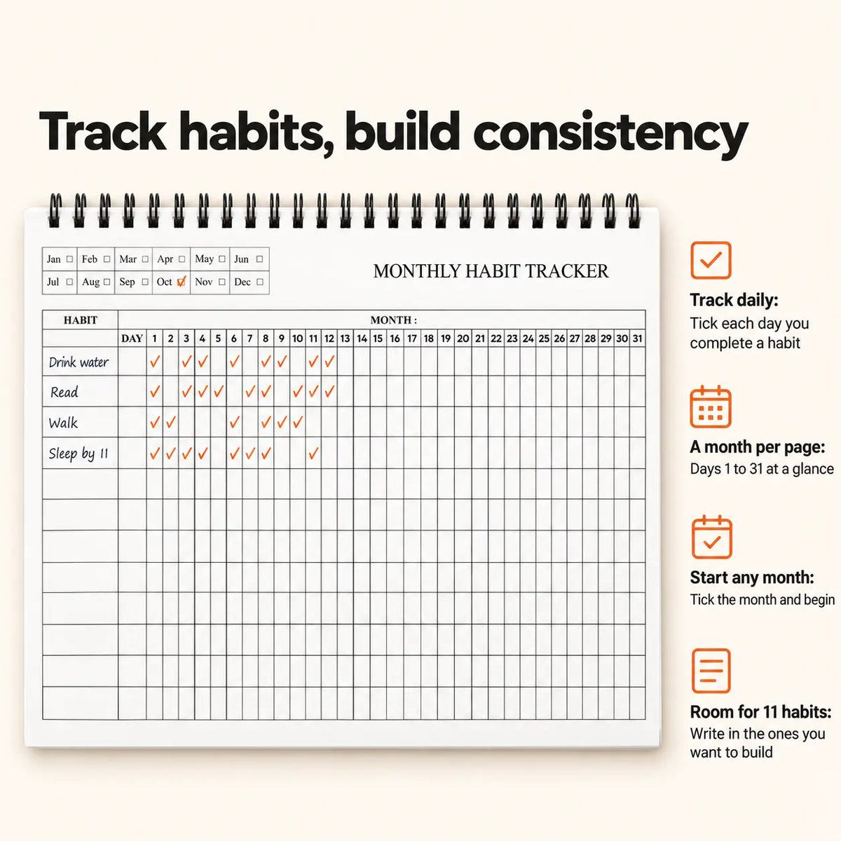 Undated daily planner monthly habit tracker page, days 1 to 31
