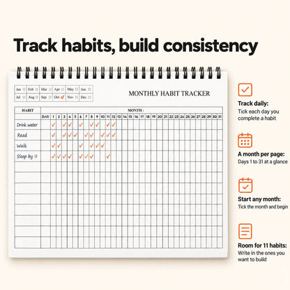 Undated daily planner monthly habit tracker page, days 1 to 31