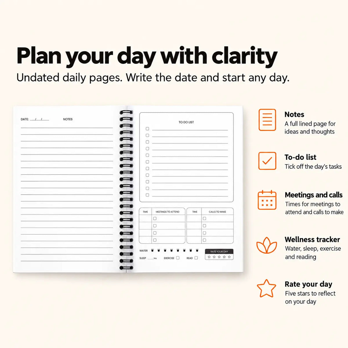 Undated daily planner inside pages: notes, to-do list, meetings, calls, wellness tracker and rate your day