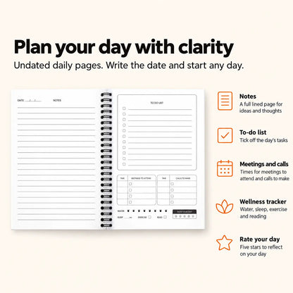 Undated daily planner inside pages: notes, to-do list, meetings, calls, wellness tracker and rate your day