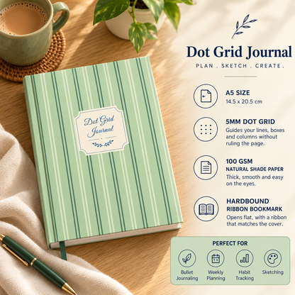 Sage Stripe dot grid journal stationery flat lay