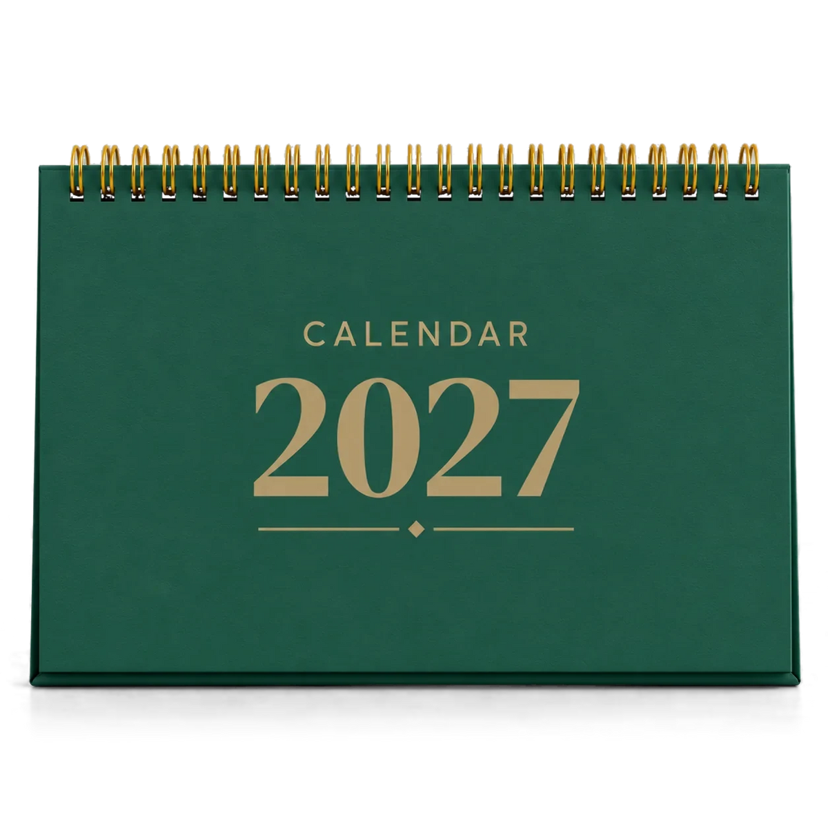 2027 desk calendar in Bottle Green, A5 landscape tent stand with gold wire-o binding, front view