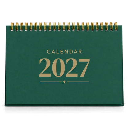 2027 desk calendar in Bottle Green, A5 landscape tent stand with gold wire-o binding, front view