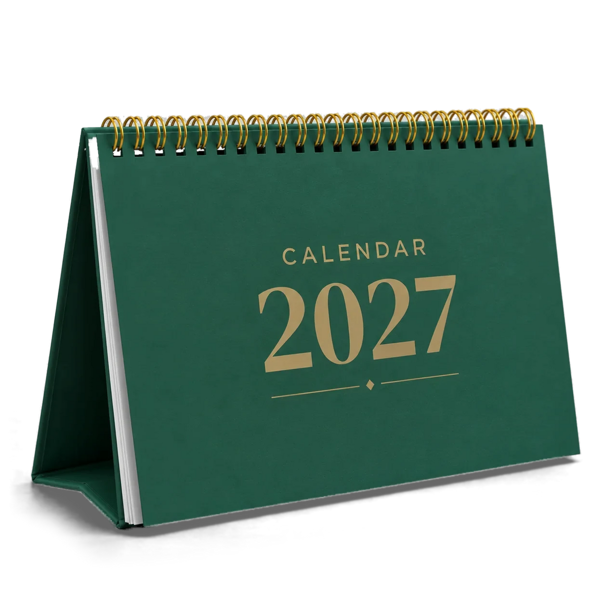 2027 desk calendar in Bottle Green, A5 landscape tent stand with gold wire-o binding, angled view