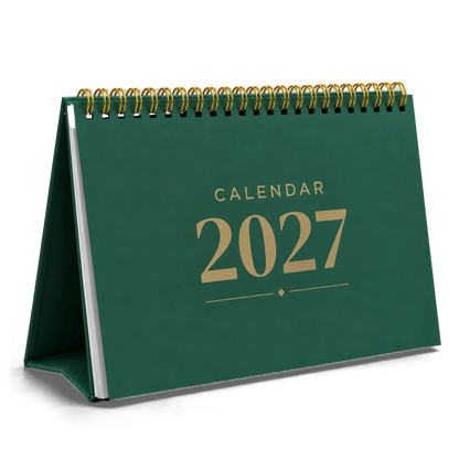 2027 desk calendar in Bottle Green, A5 landscape tent stand with gold wire-o binding, angled view