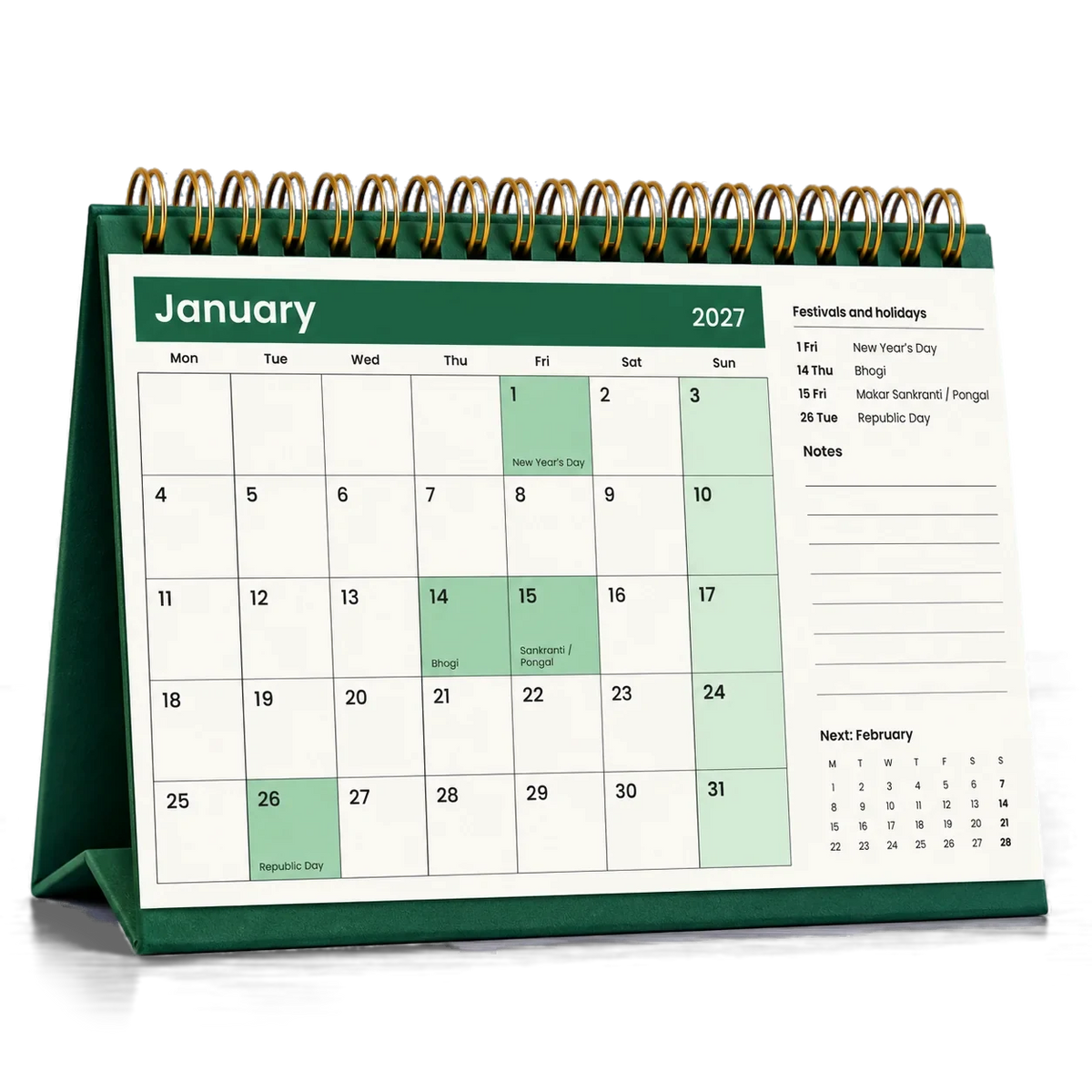 2027 desk calendar in Bottle Green, open at January with festivals and holidays listed beside the dates