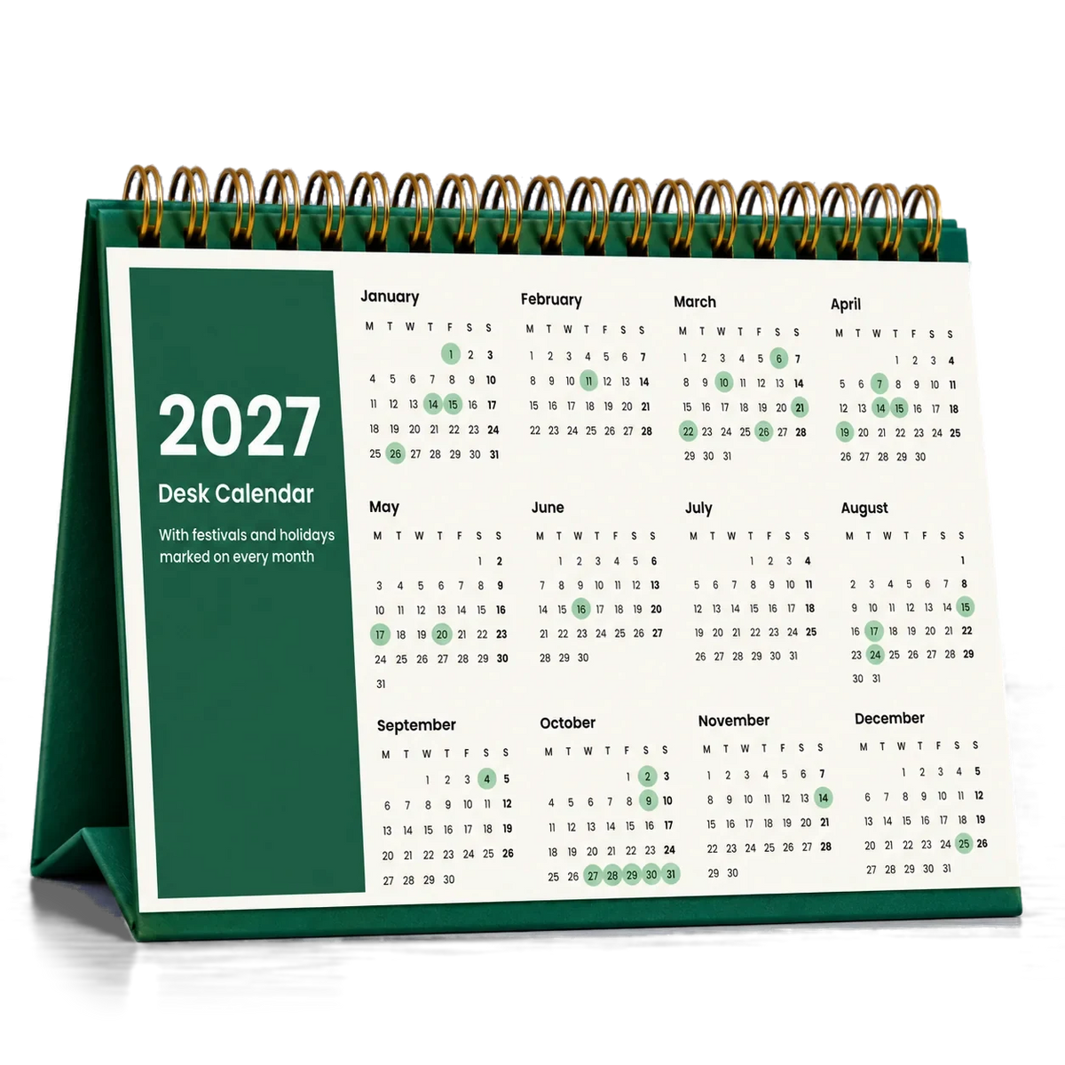 2027 desk calendar in Bottle Green, year at a glance page with festival dates circled