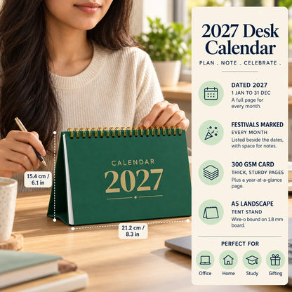 2027 desk calendar in Bottle Green on a desk with a woman's hand on it, with size and key features