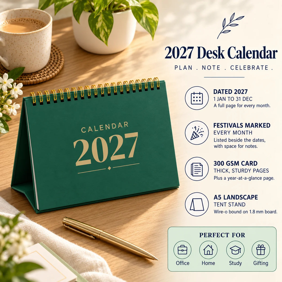 2027 desk calendar in Bottle Green on a wooden desk with chai, with key features