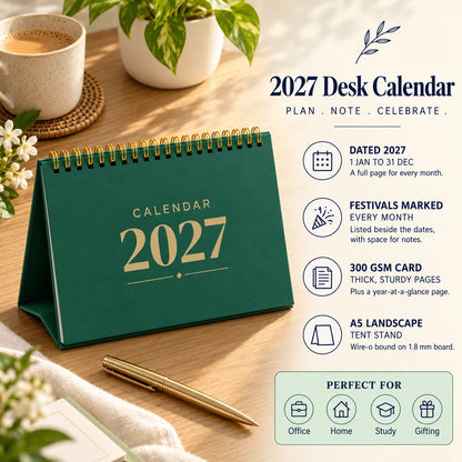 2027 desk calendar in Bottle Green on a wooden desk with chai, with key features