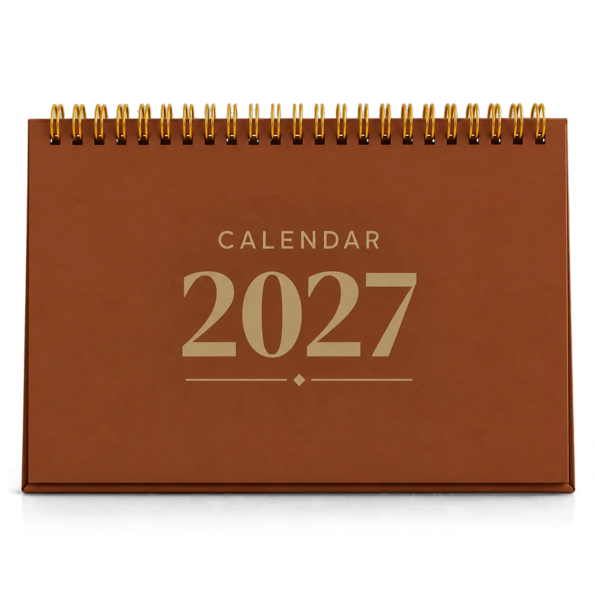 2027 desk calendar in Copper Brown, A5 landscape tent stand with gold wire-o binding, front view