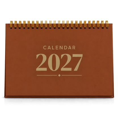 2027 desk calendar in Copper Brown, A5 landscape tent stand with gold wire-o binding, front view