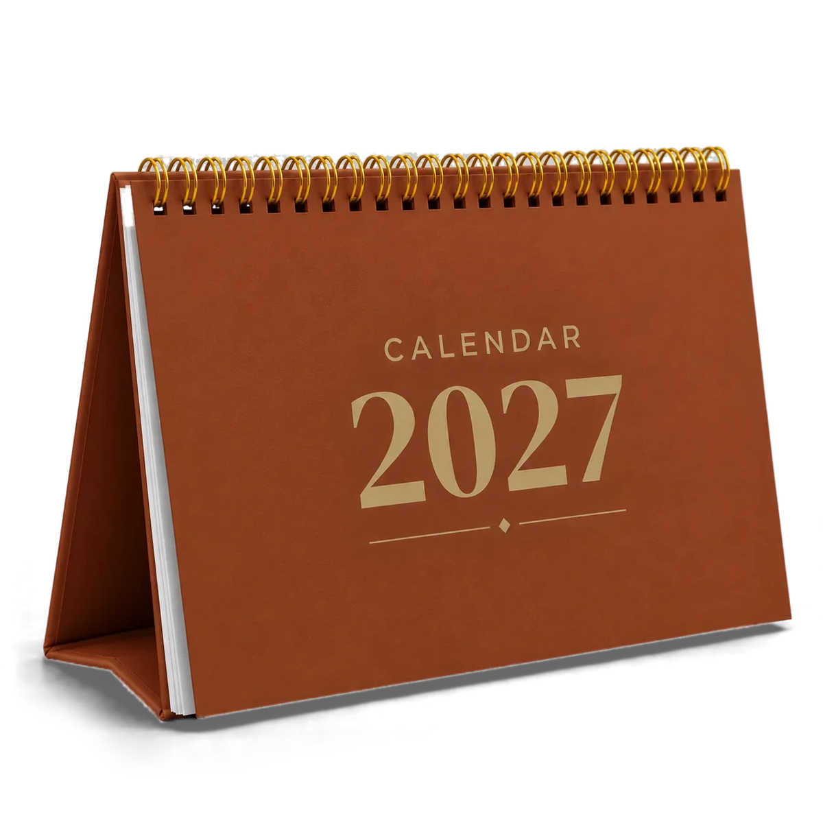 2027 desk calendar in Copper Brown, A5 landscape tent stand with gold wire-o binding, angled view