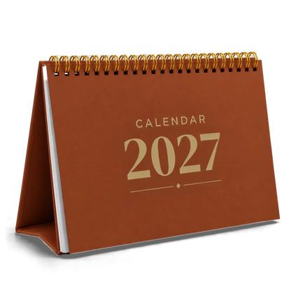2027 desk calendar in Copper Brown, A5 landscape tent stand with gold wire-o binding, angled view