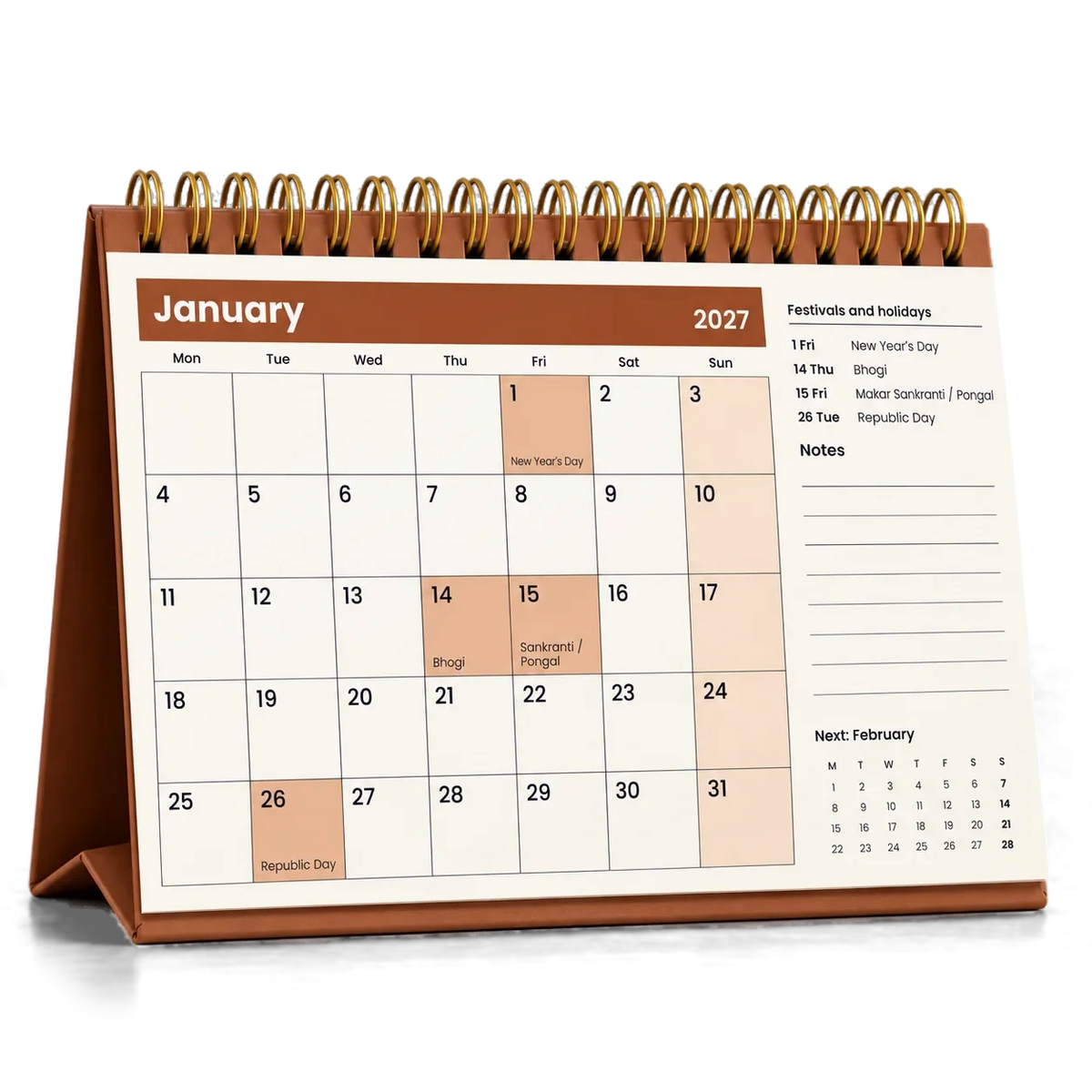 2027 desk calendar in Copper Brown, open at January with festivals and holidays listed beside the dates