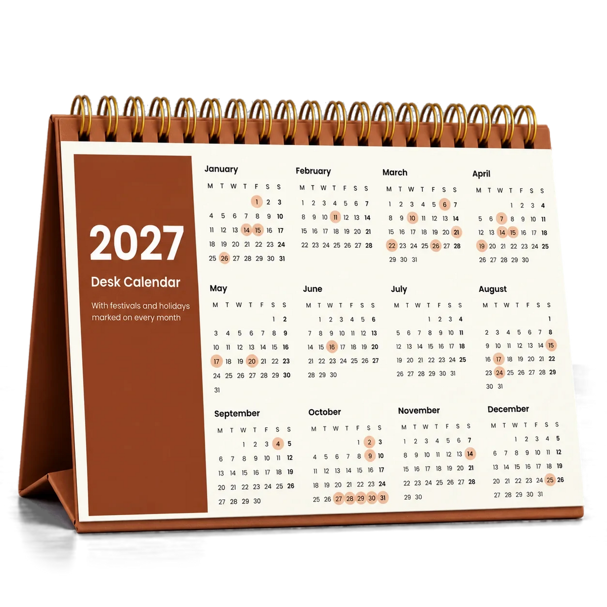 2027 desk calendar in Copper Brown, year at a glance page with festival dates circled