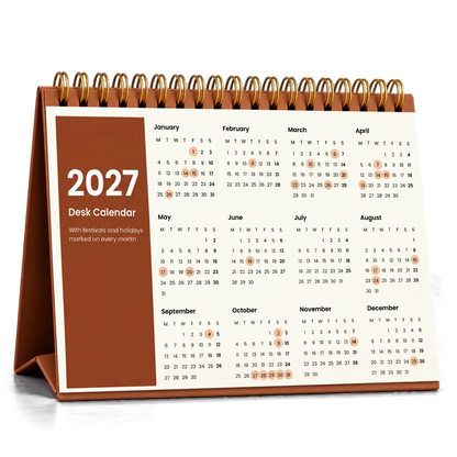 2027 desk calendar in Copper Brown, year at a glance page with festival dates circled