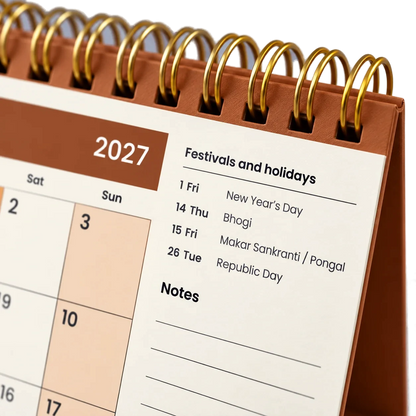 2027 desk calendar in Copper Brown, close-up of the gold wire-o binding, punched holes and festival list