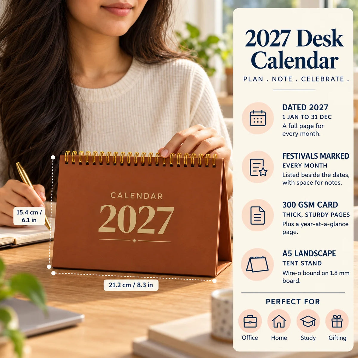 2027 desk calendar in Copper Brown on a desk with a woman's hand on it, with size and key features