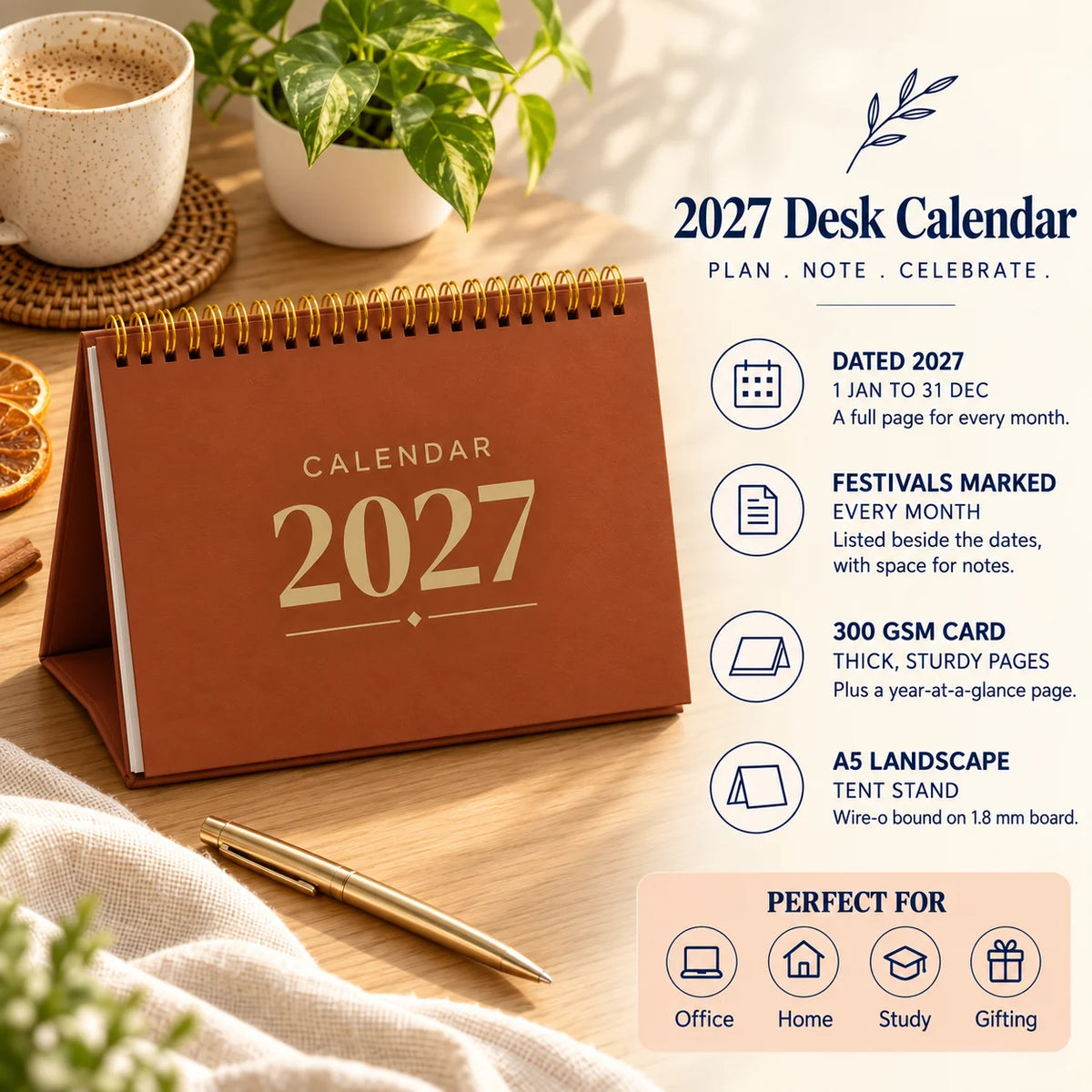 2027 desk calendar in Copper Brown on a wooden desk with chai, with key features