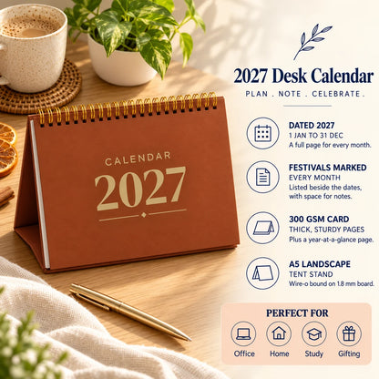 2027 desk calendar in Copper Brown on a wooden desk with chai, with key features