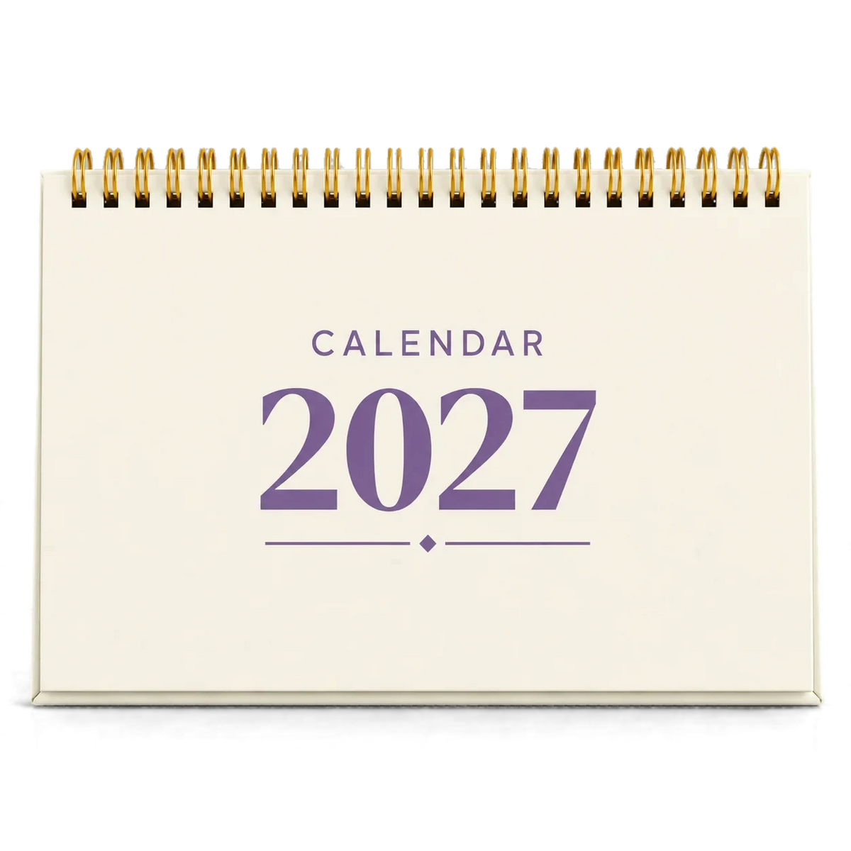2027 desk calendar in Cream, A5 landscape tent stand with gold wire-o binding, front view