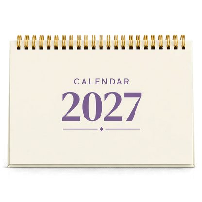 2027 desk calendar in Cream, A5 landscape tent stand with gold wire-o binding, front view