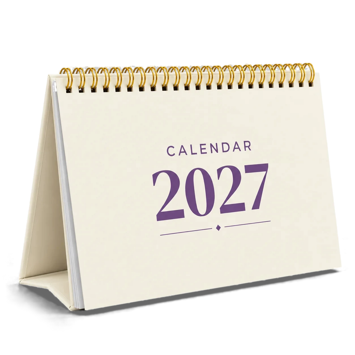 2027 desk calendar in Cream, A5 landscape tent stand with gold wire-o binding, angled view