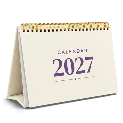 2027 desk calendar in Cream, A5 landscape tent stand with gold wire-o binding, angled view
