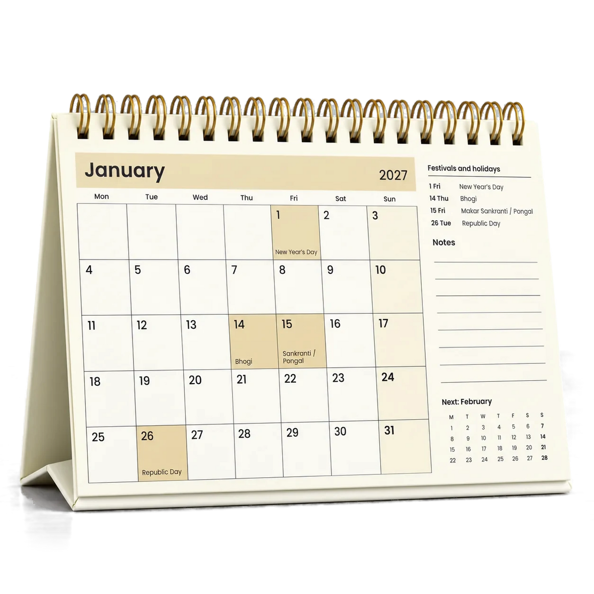 2027 desk calendar in Cream, open at January with festivals and holidays listed beside the dates
