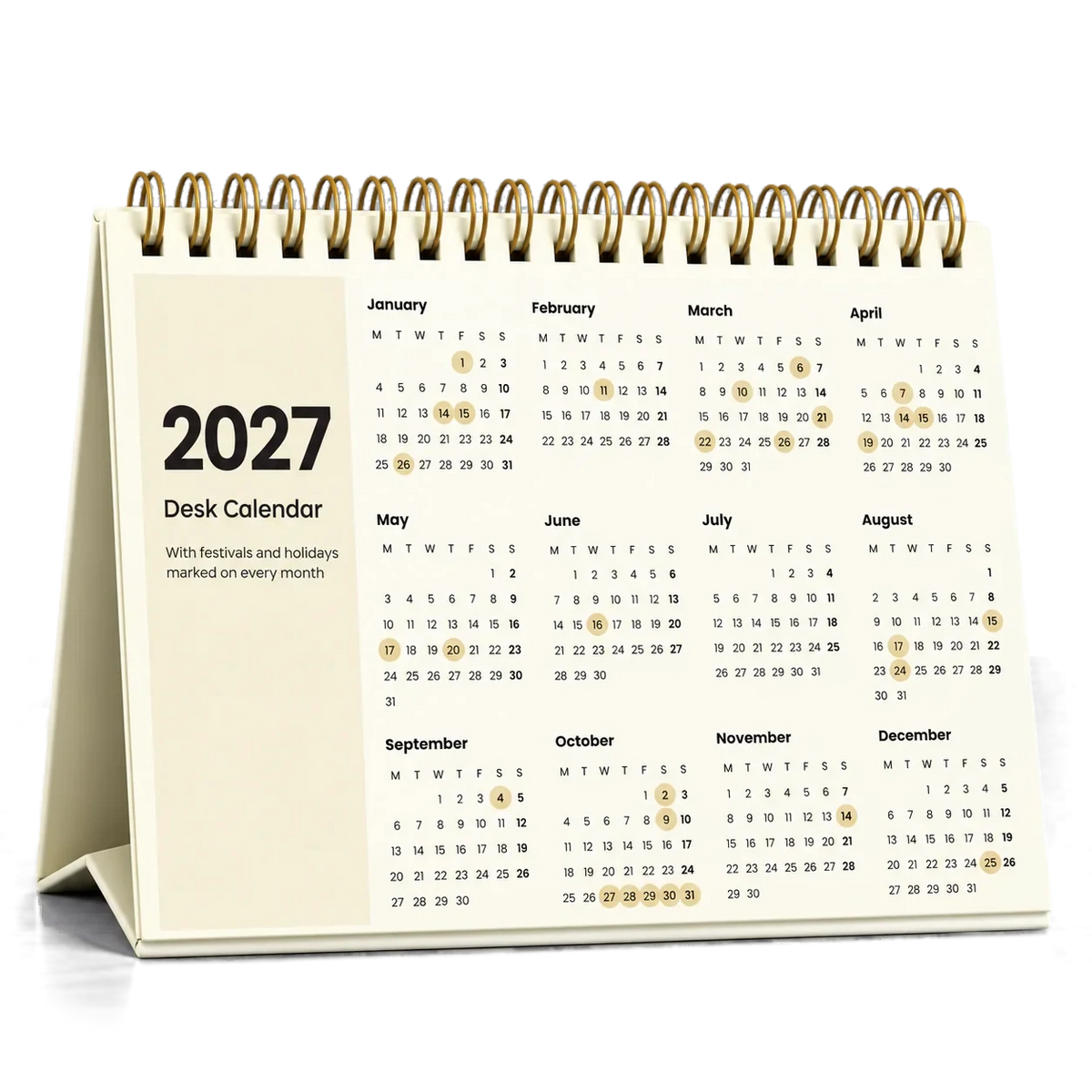 2027 desk calendar in Cream, year at a glance page with festival dates circled