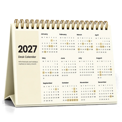 2027 desk calendar in Cream, year at a glance page with festival dates circled
