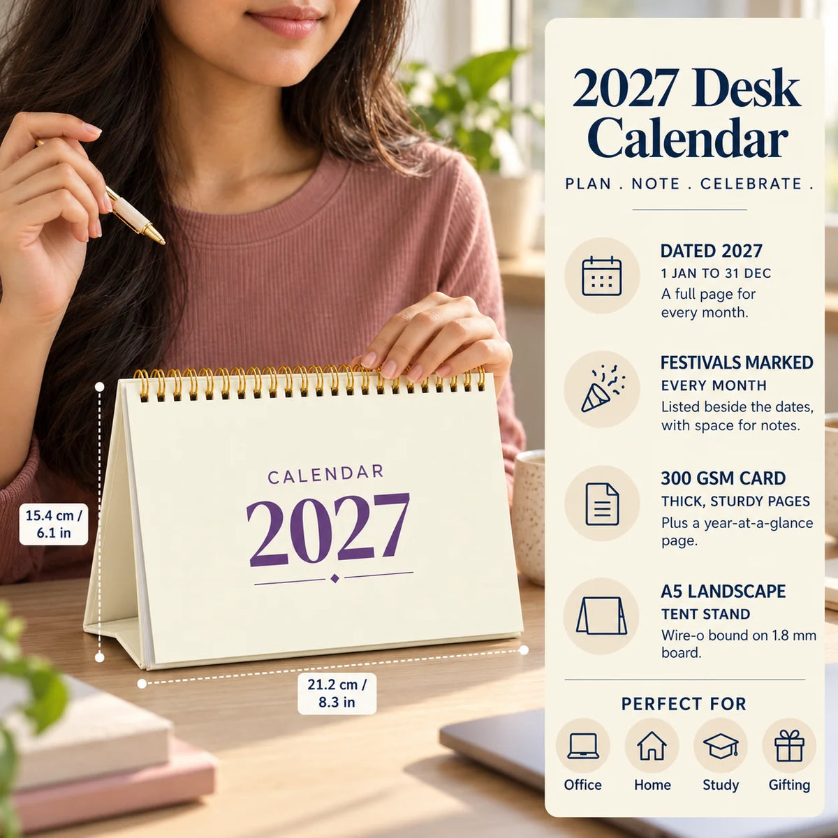 2027 desk calendar in Cream on a desk with a woman's hand on it, with size and key features