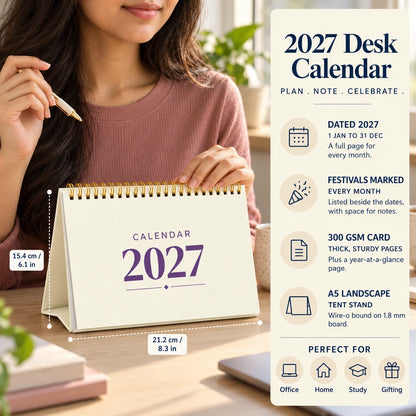 2027 desk calendar in Cream on a desk with a woman's hand on it, with size and key features