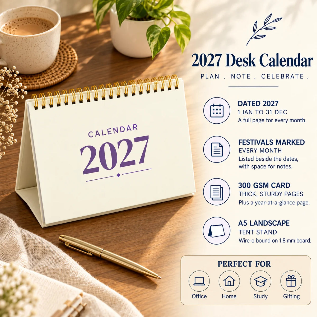 2027 desk calendar in Cream on a wooden desk with chai, with key features