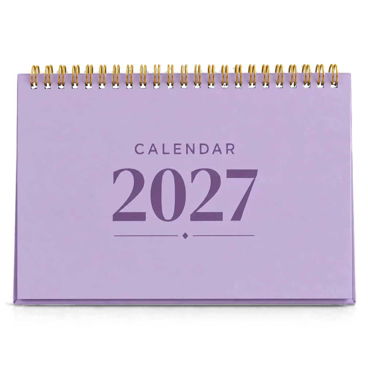 2027 desk calendar in Lavender, A5 landscape tent stand with gold wire-o binding, front view