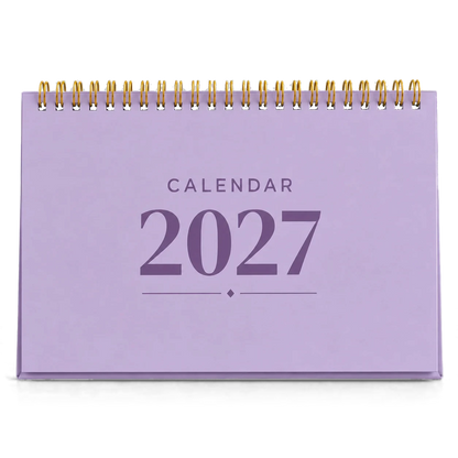 2027 desk calendar in Lavender, A5 landscape tent stand with gold wire-o binding, front view