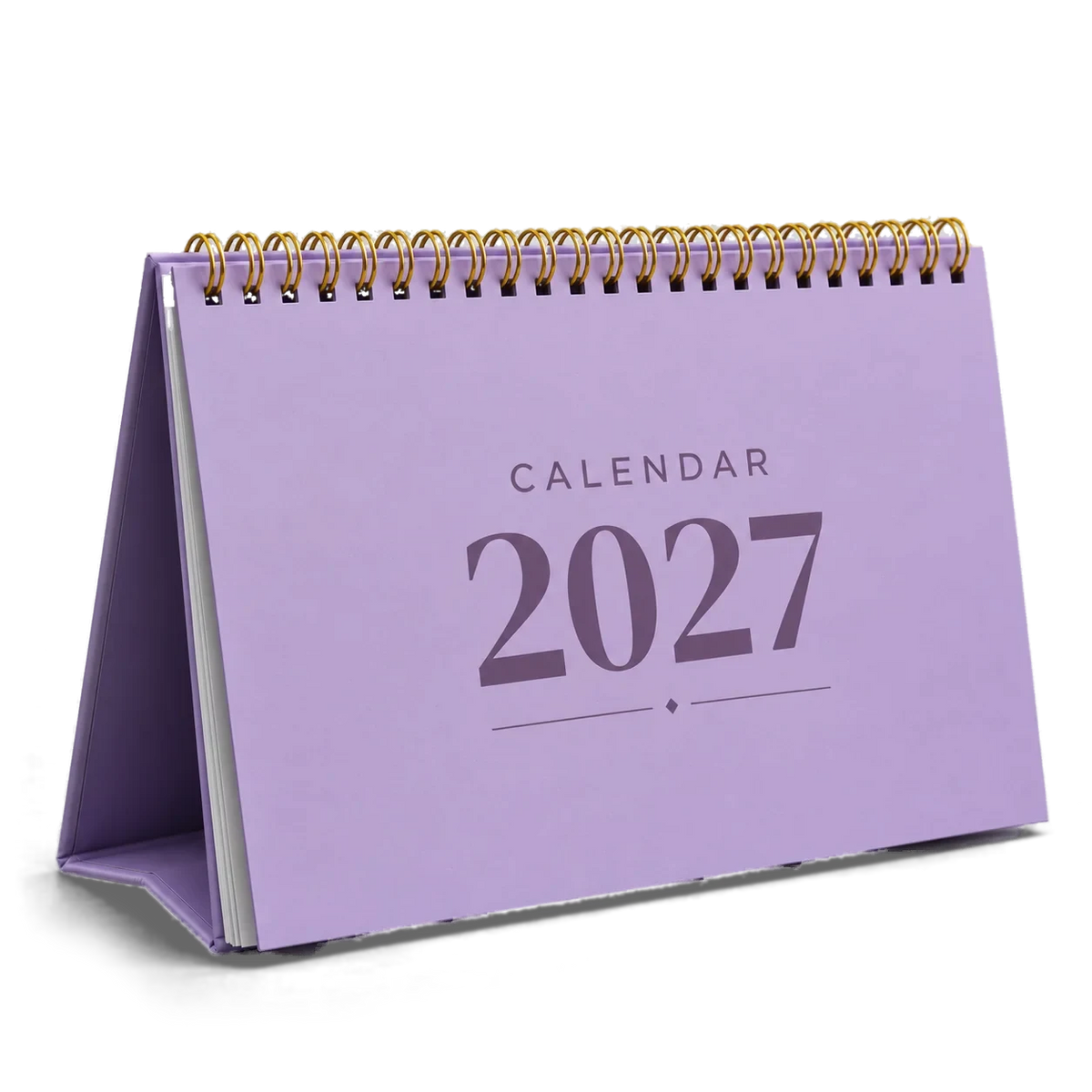 2027 desk calendar in Lavender, A5 landscape tent stand with gold wire-o binding, angled view