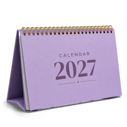 2027 desk calendar in Lavender, A5 landscape tent stand with gold wire-o binding, angled view