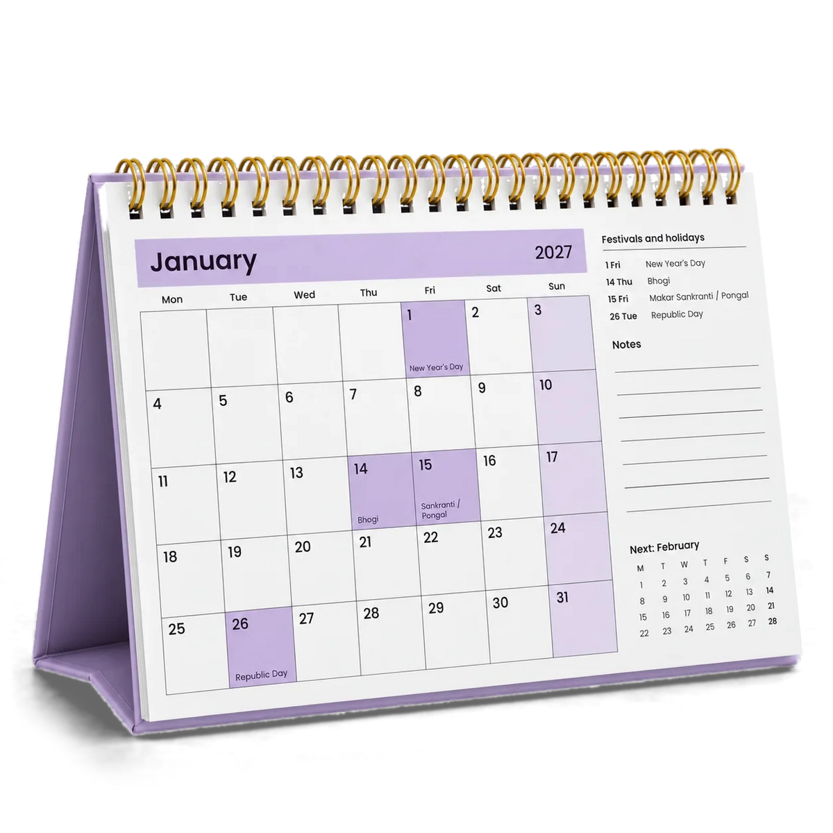 2027 desk calendar in Lavender, open at January with festivals and holidays listed beside the dates